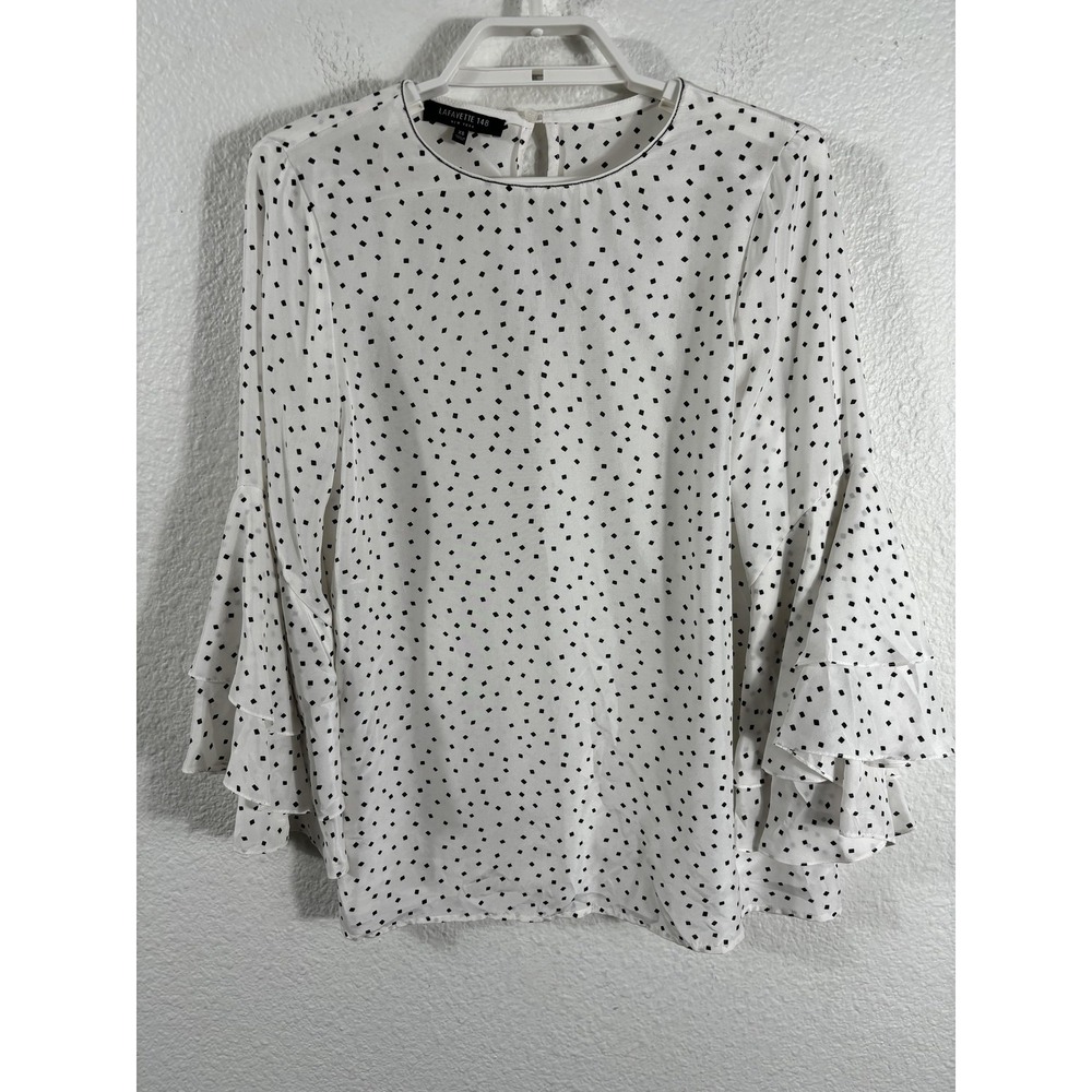 Lafayette 148 Shirt Womens XS White Black Silk Polka Dot Ruffle Sleeve Blouse